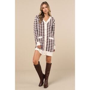 Lulus x LUSH Truly Iconic Ivory And Brown Houndstooth Cardigan Sweater Dress